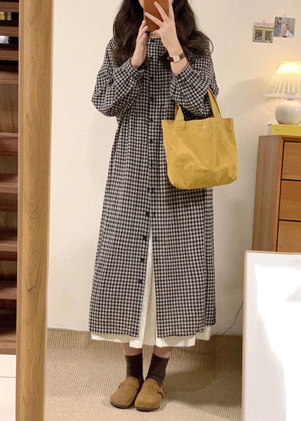 Vintage Apricot Plaid O-Neck Button Long Shirts Dresses Spring VB1058 Ada Fashion