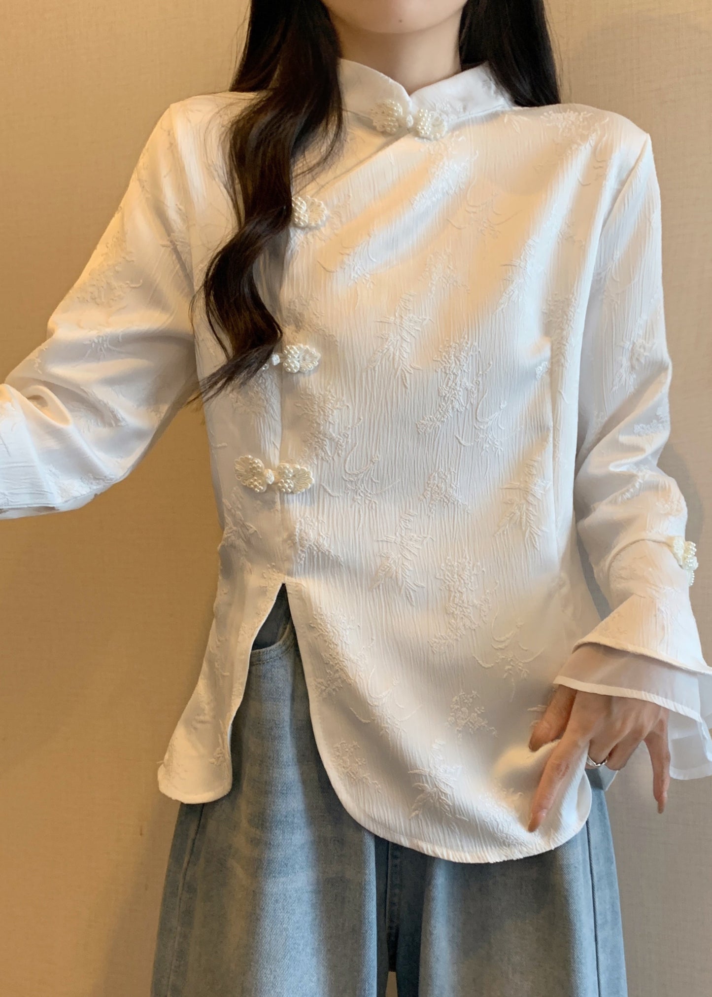 Vintage Apricot Stand Collar Jacquard Oriental Button Cotton Top Fall QA044 OM-ZS241009