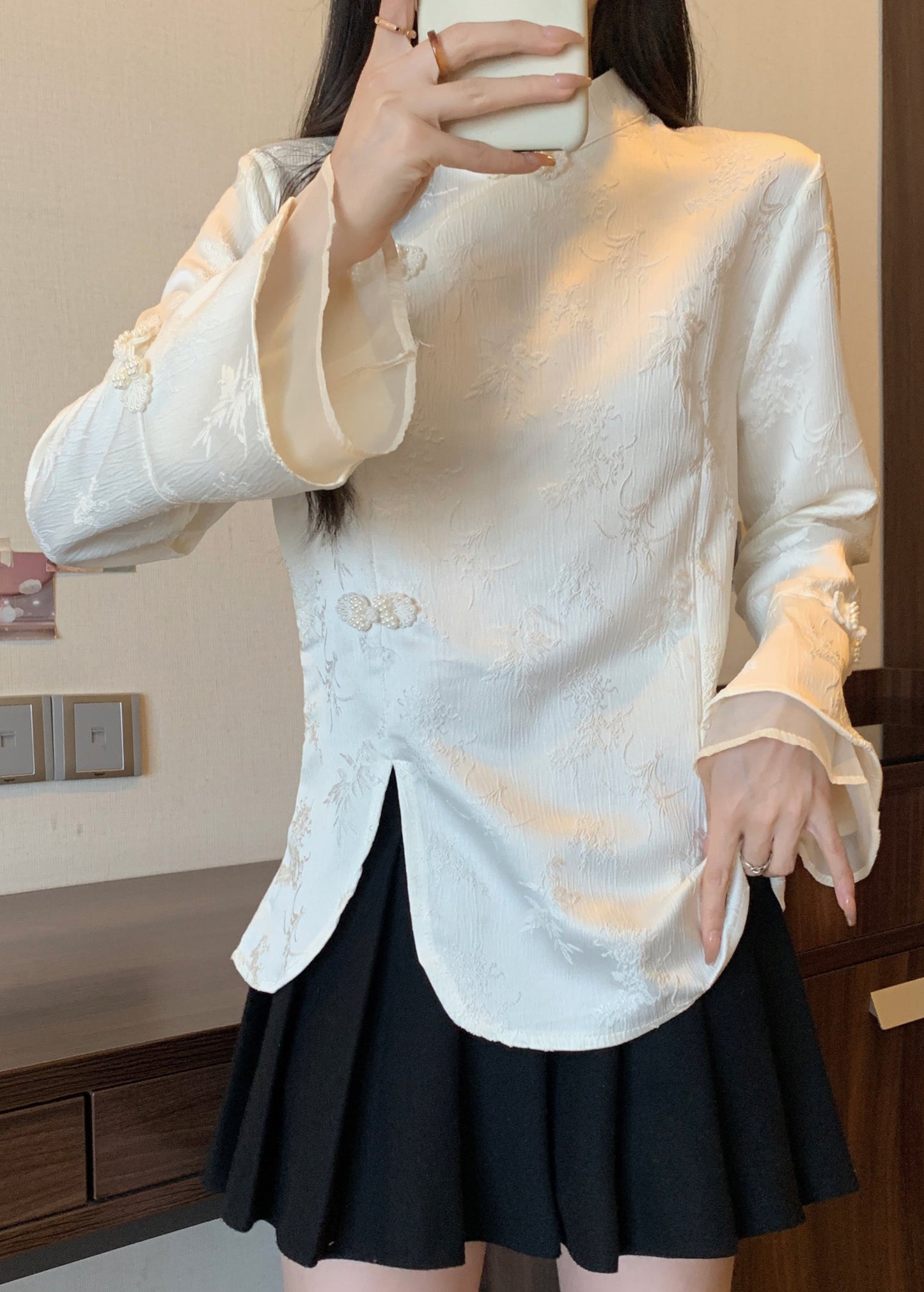 Vintage Apricot Stand Collar Jacquard Oriental Button Cotton Top Fall QA044 OM-ZS241009