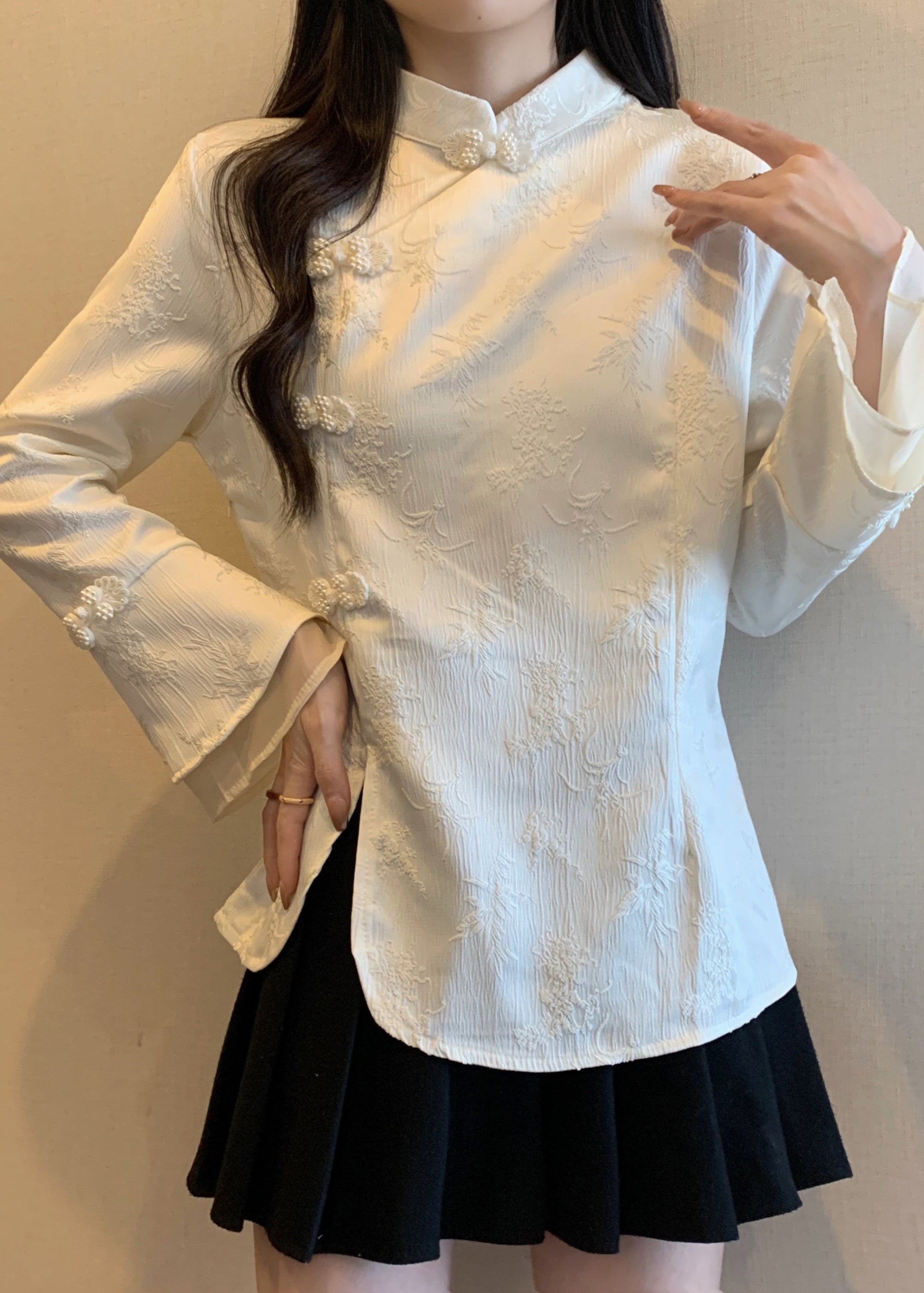 Vintage Apricot Stand Collar Jacquard Oriental Button Cotton Top Fall QA044 OM-ZS241009