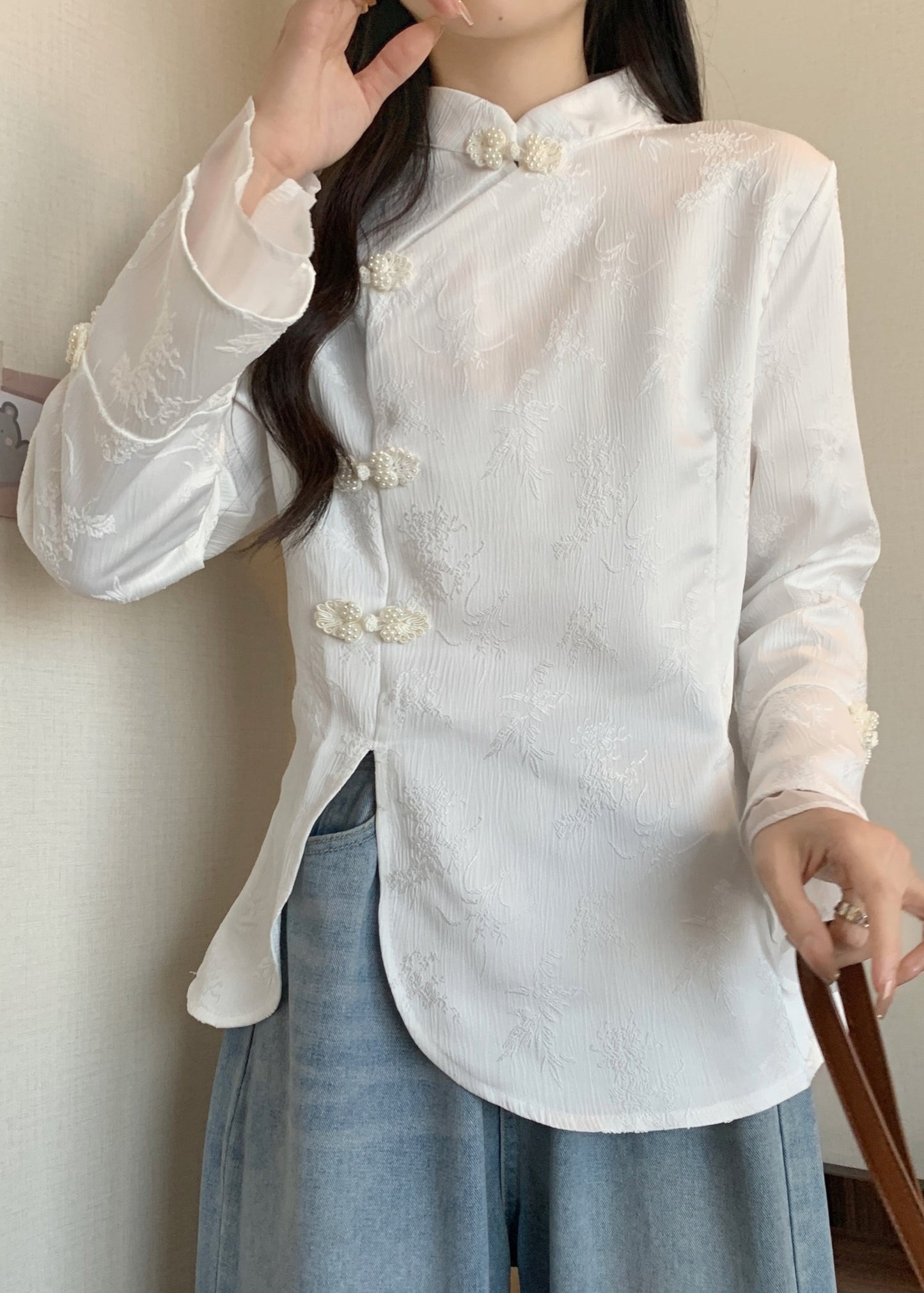 Vintage Apricot Stand Collar Jacquard Oriental Button Cotton Top Fall QA044 OM-ZS241009