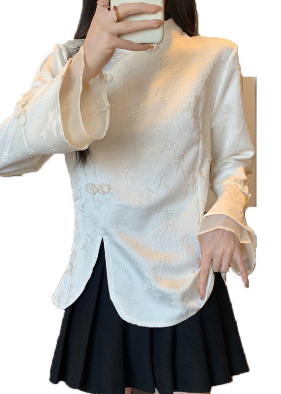 Vintage Apricot Stand Collar Jacquard Oriental Button Cotton Top Fall QA044 OM-ZS241009