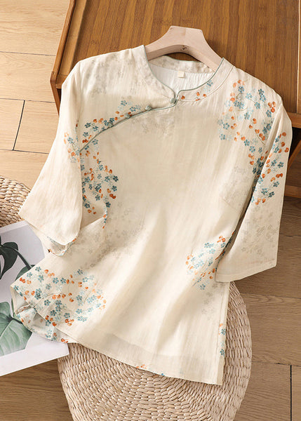 Vintage Apricot Stand Collar Print Cotton Shirt Half Sleeve JH046 MMDM-HTP240717