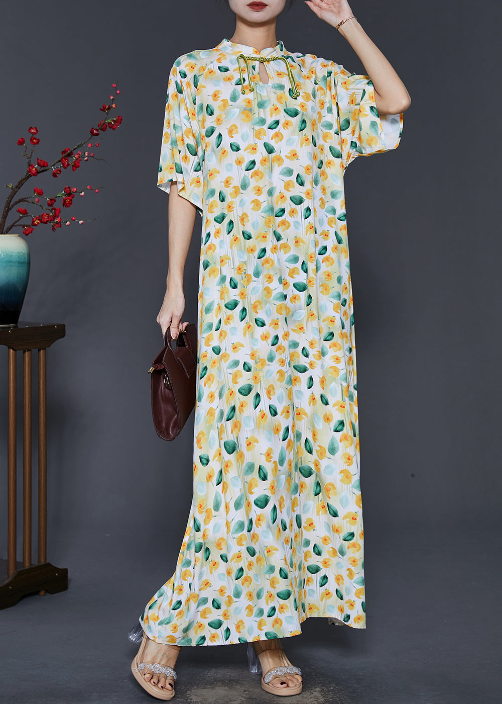 Vintage Apricot Tasseled Print Cotton Dress Summer SD1018 Ada Fashion