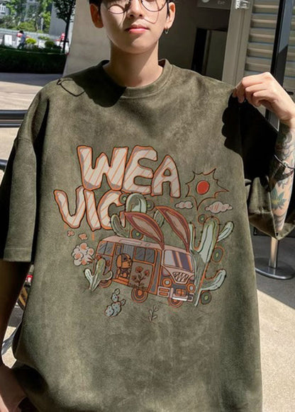 Green Vintage Shirt Faux Half Neck O Men T Army Suede Print FashionChic