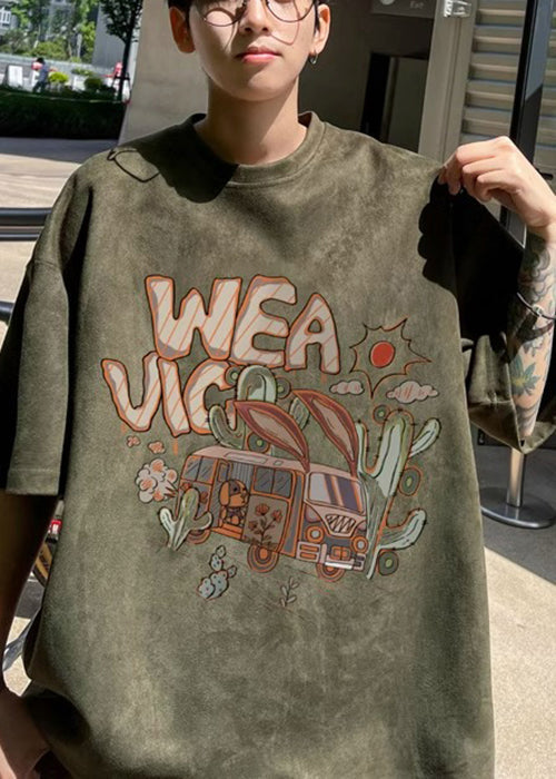 Green Vintage Shirt Faux Half Neck O Men T Army Suede Print FashionChic