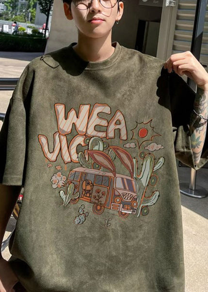 Green Vintage Shirt Faux Half Neck O Men T Army Suede Print FashionChic