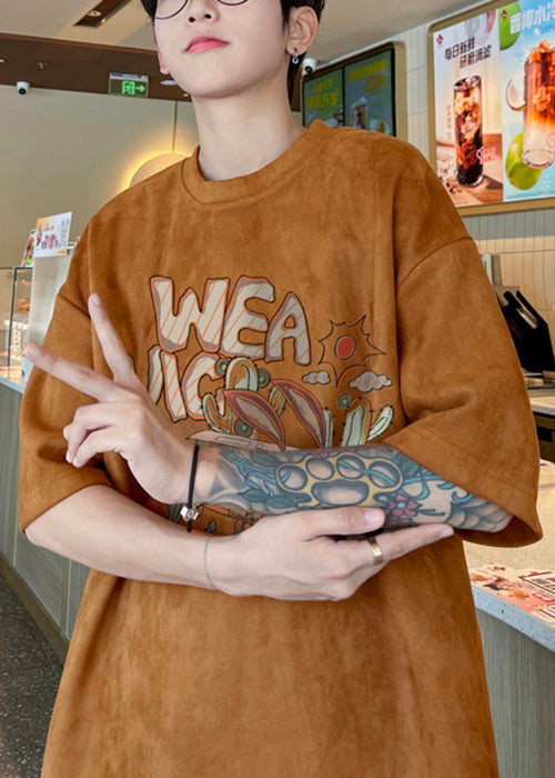 Green Vintage Shirt Faux Half Neck O Men T Army Suede Print FashionChic