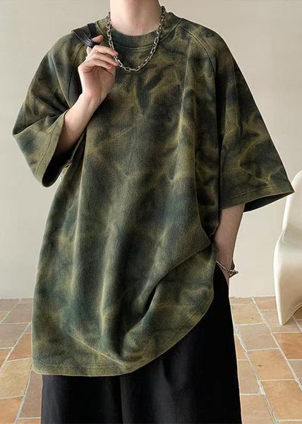 Half Dye Mens Tie O-Neck Army Green Vintage Shirt Cotton Sleeve T FashionChic