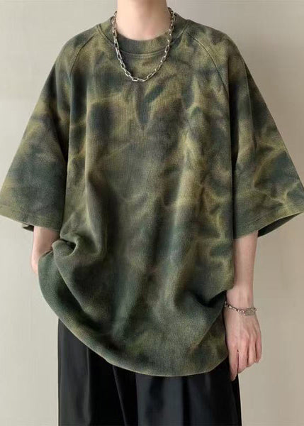 Half Dye Mens Tie O-Neck Army Green Vintage Shirt Cotton Sleeve T FashionChic