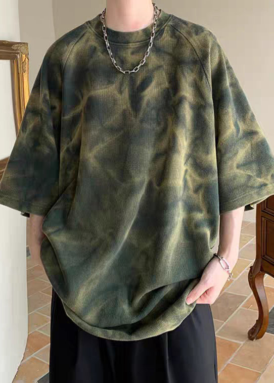 Half Dye Mens Tie O-Neck Army Green Vintage Shirt Cotton Sleeve T FashionChic