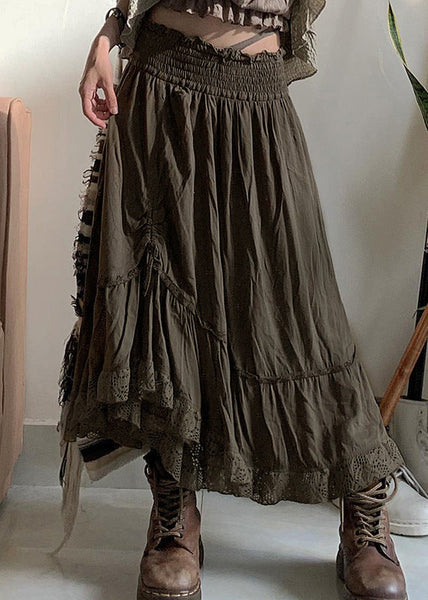 Vintage Army Green Ruffled Cinched Elastic Waist Cotton Skirts Fall QA013 OM-BB241009
