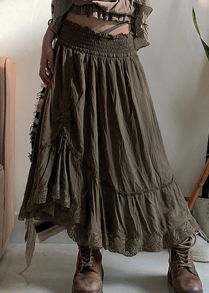 Vintage Army Green Ruffled Cinched Elastic Waist Cotton Skirts Fall QA013 OM-BB241009