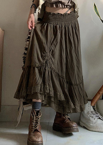 Vintage Army Green Ruffled Cinched Elastic Waist Cotton Skirts Fall QA013 OM-BB241009