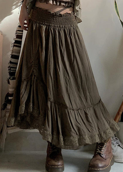 Vintage Army Green Ruffled Cinched Elastic Waist Cotton Skirts Fall QA013 OM-BB241009
