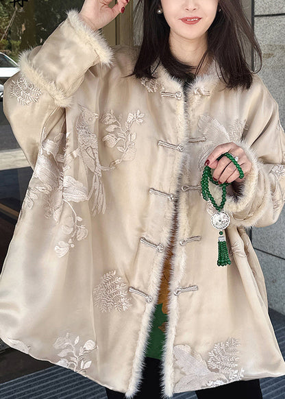 Vintage Beige Embroidered Mink Hair Patchwork Fine Cotton Filled Coat Winter RF002 ABC
