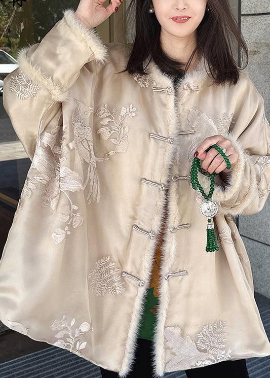 Vintage Beige Embroidered Mink Hair Patchwork Fine Cotton Filled Coat Winter RF002 ABC