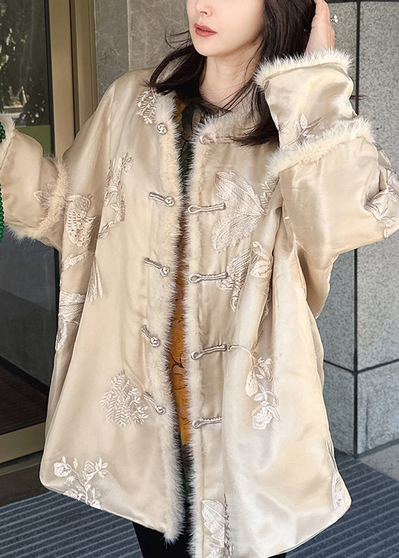 Vintage Beige Embroidered Mink Hair Patchwork Fine Cotton Filled Coat Winter RF002 ABC