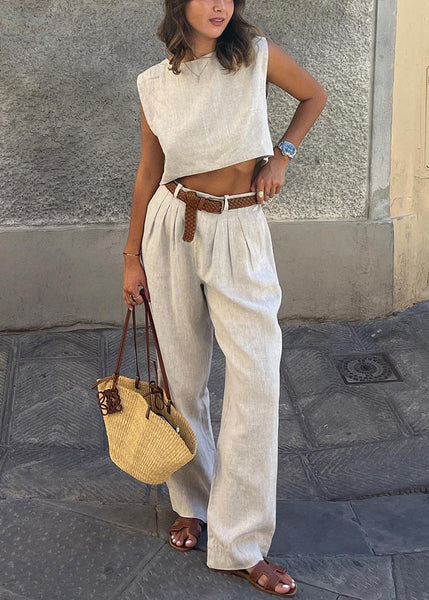 Set And Two-Piece Leg Vintage Pants Vests Linen Beige Wide FashionChic