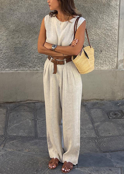 Set And Two-Piece Leg Vintage Pants Vests Linen Beige Wide FashionChic