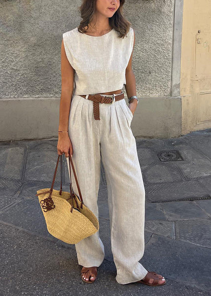 Set And Two-Piece Leg Vintage Pants Vests Linen Beige Wide FashionChic