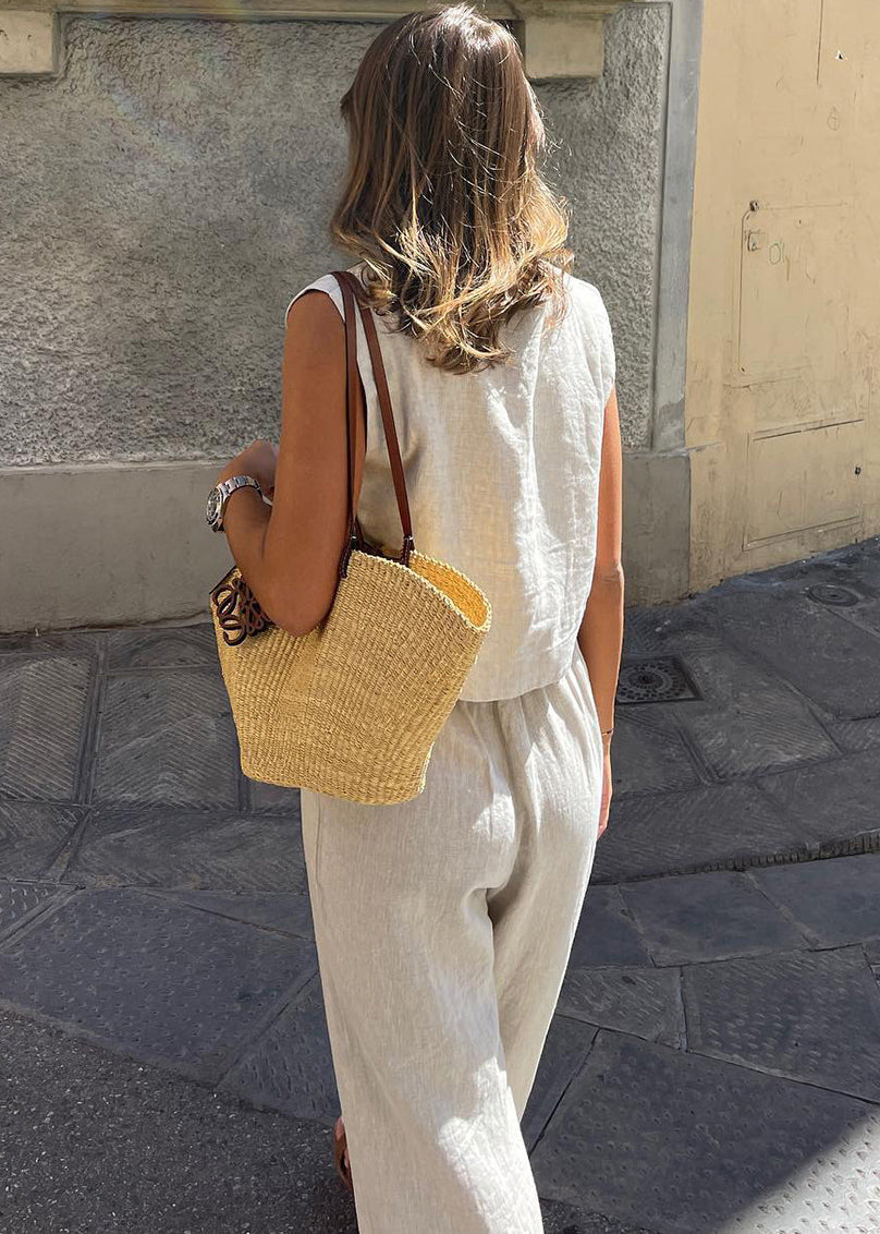 Set And Two-Piece Leg Vintage Pants Vests Linen Beige Wide FashionChic