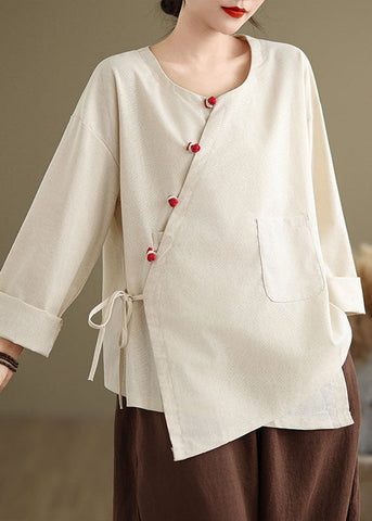 Vintage Beige O Neck Lace Up Patchwork Cotton Blouse Top Spring TJ010