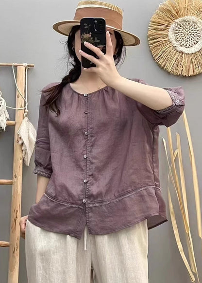 Cotton Shirt Patchwork Top Summer Beige O-Neck Vintage FashionChic