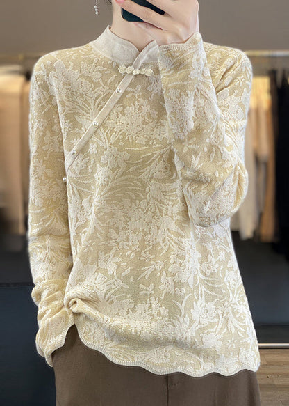 Vintage Beige Stand Collar Jacquard Woolen Sweater Spring TQ011 ABC