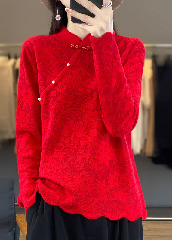 Vintage Beige Stand Collar Jacquard Woolen Sweater Spring TQ011 ABC