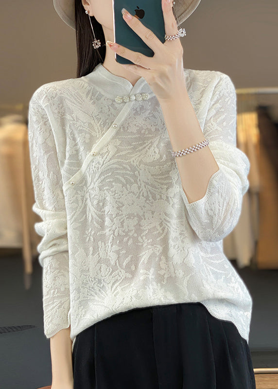 Vintage Beige Stand Collar Jacquard Woolen Sweater Spring TQ011 ABC