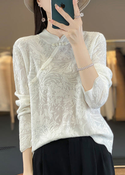 Vintage Beige Stand Collar Jacquard Woolen Sweater Spring TQ011 ABC