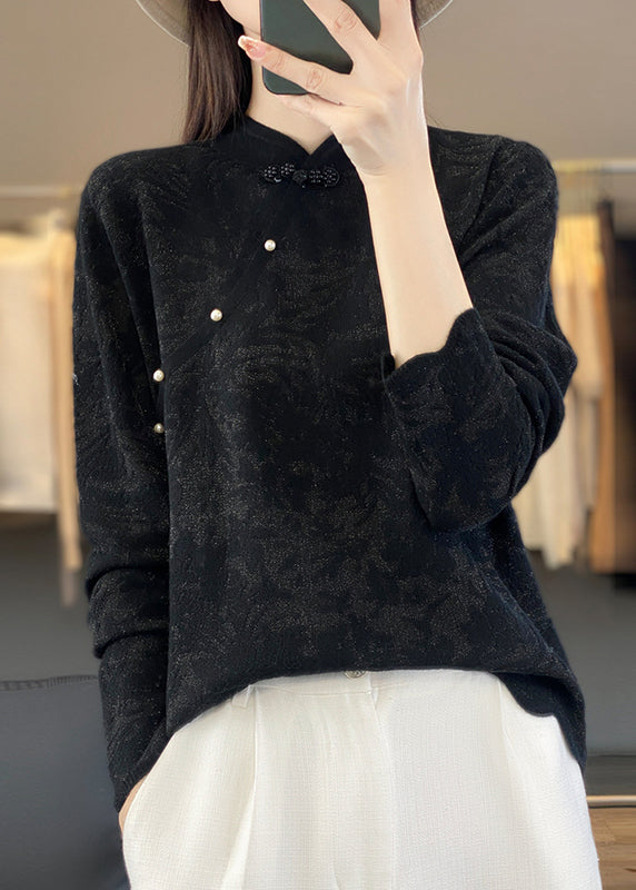 Vintage Beige Stand Collar Jacquard Woolen Sweater Spring TQ011 ABC