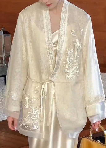 Vintage Beige V Neck Embroidered Lace Up Silk Cardigan Spring YF016 ABC