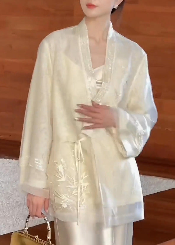 Vintage Beige V Neck Embroidered Lace Up Silk Cardigan Spring YF016 ABC