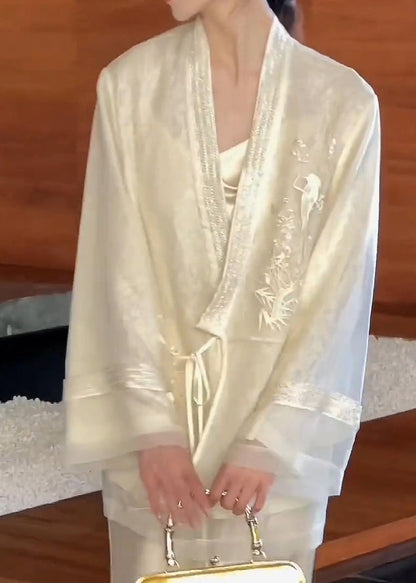 Vintage Beige V Neck Embroidered Lace Up Silk Cardigan Spring YF016 ABC