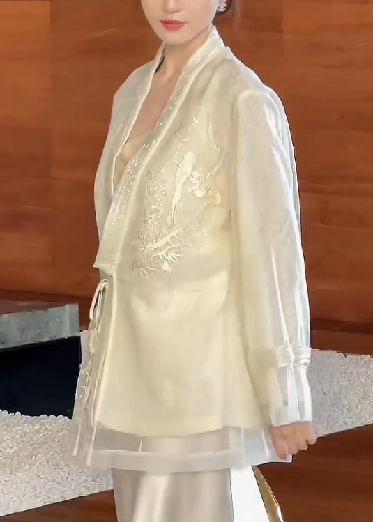 Vintage Beige V Neck Embroidered Lace Up Silk Cardigan Spring YF016 ABC