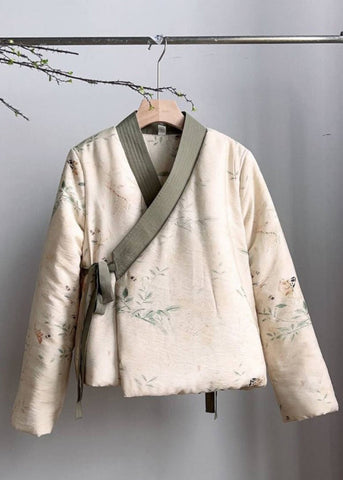 Vintage Beige V Neck Lace Up Fine Cotton Filled Coats Spring TJ030