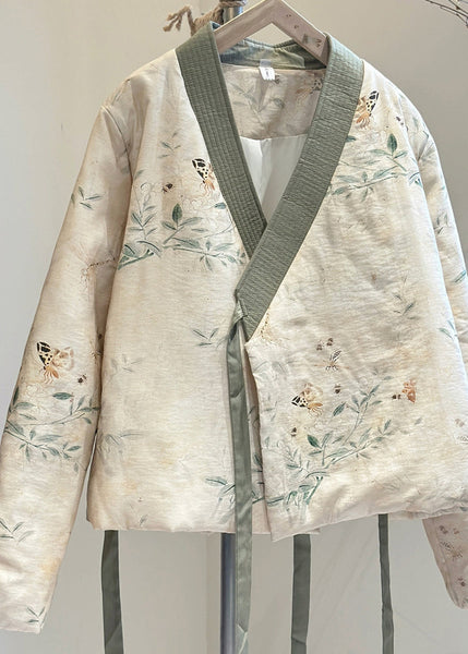 Vintage Beige V Neck Lace Up Fine Cotton Filled Coats Spring TJ030