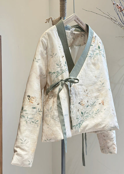 Vintage Beige V Neck Lace Up Fine Cotton Filled Coats Spring TJ030