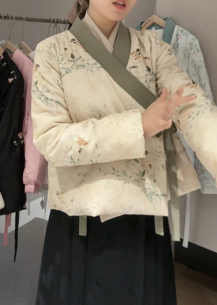 Vintage Beige V Neck Lace Up Fine Cotton Filled Coats Spring TJ030