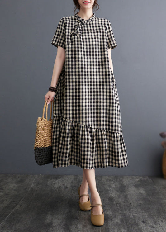 Vintage Big Plaid Stand Collar Patchwork Cotton Dress Summer AP071 GK-SDL240718