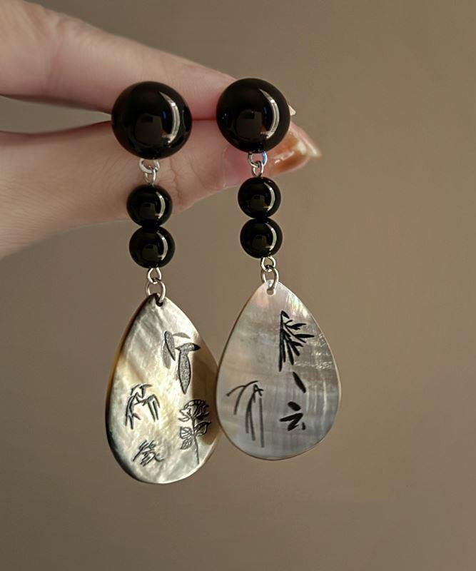 Vintage Black Acrylic Alloy Print Shell Water Drop Drop Earrings ZZ040 JEW-EAR240613