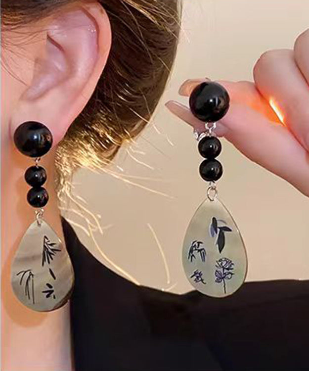 Vintage Black Acrylic Alloy Print Shell Water Drop Drop Earrings ZZ040 JEW-EAR240613