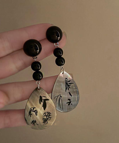 Vintage Black Acrylic Alloy Print Shell Water Drop Drop Earrings ZZ040 JEW-EAR240613