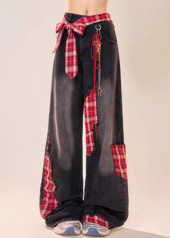 Vintage Leg Patchwork Bow Plaid Wide Black Summer Denim Pants FashionChic