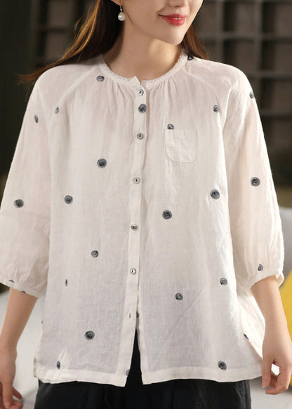 Top Button Embroidered Linen Vintage Summer Blouse Black FashionChic