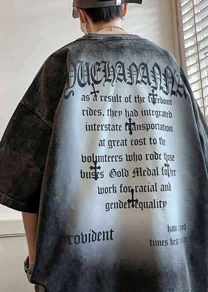 Men's Letter Half Vintage Cotton O Sleeve Black Neck Shirts T FashionChic