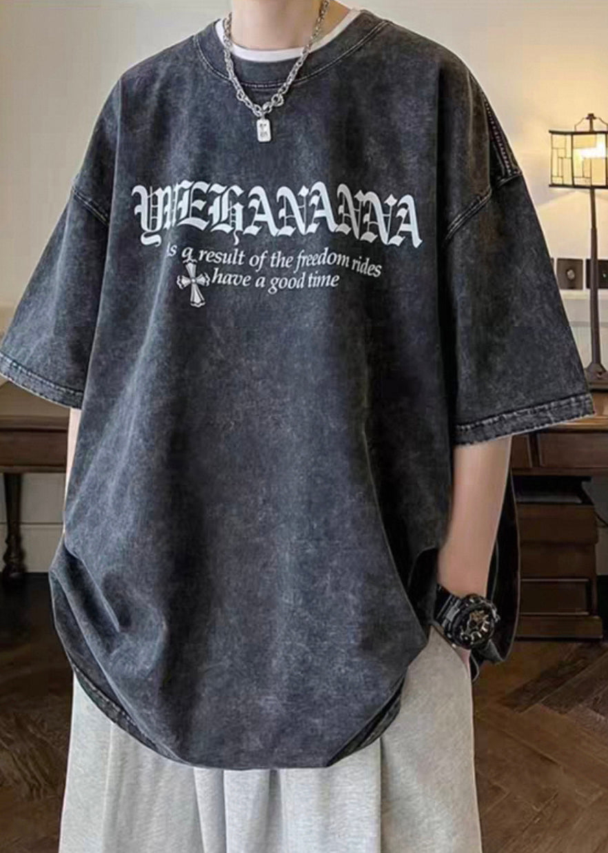 Men's Letter Half Vintage Cotton O Sleeve Black Neck Shirts T FashionChic