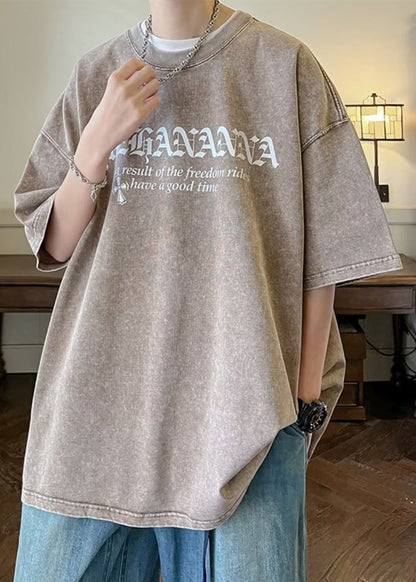 Men's Letter Half Vintage Cotton O Sleeve Black Neck Shirts T FashionChic